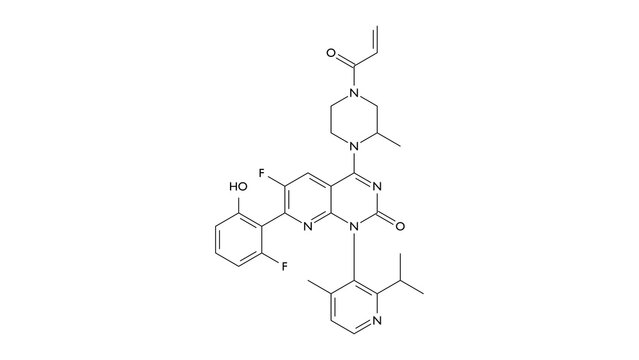 sotorasib molecule, structural chemical formula, ball-and-stick model, isolated image kras g12c inhibitor