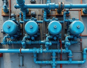 Obraz premium Industrial blue pipes and circular machinery units form complex network on gray wall. System functions for cooling fluid distribution in large facility. Equipment appears robust and functional.