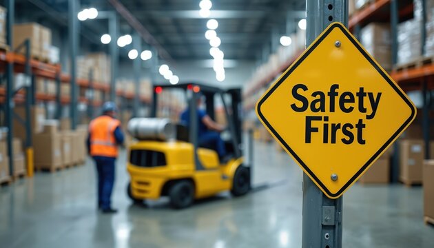 Yellow safety first sign in warehouse. Forklift and worker move products on floor. Large shelves with boxes are visible. Workplace has industrial activity. Secure operations are vital.