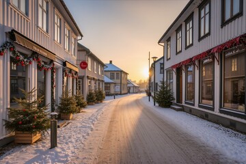 Obraz premium A snowy street beautifully adorned with colorful decorations captures the true essence of a serene winter morning