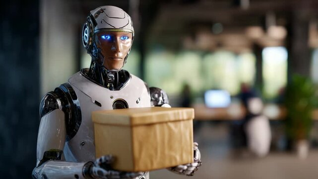 Advanced humanoid robot with glowing blue eyes delivers a carefully packaged box, showcasing technology's integration into modern workplaces and automation.
