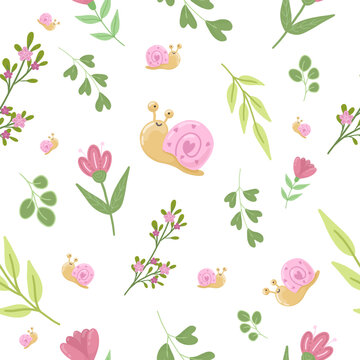 Cute snail floral seamless pattern with flowers and leaves, pastel nursery botanical background, vector illustration