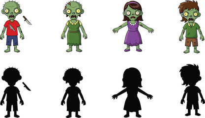 Cartoon Zombie Family Character Set Featuring Green Undead Men Women and Children with Matching Black Silhouettes Isolated on White Background for Halloween Vector Design © Arman