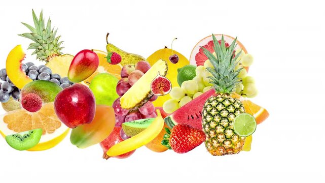 A variety of exotic fruits and berries fly from left to right against an isolated white background. 4K slow motion 3D animation with a speedramp effect. 60 fps.