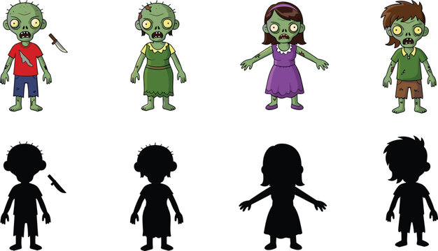 Cartoon Zombie Family Character Set Featuring Green Undead Men Women and Children with Matching Black Silhouettes Isolated on White Background for Halloween Vector Design