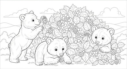 Bear cubs exploring a berry bush, picking berries, leaves and branches detailed, black and white coloring page © MDRAHMET
