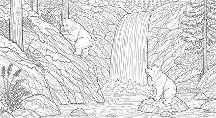 Bear cubs climbing rocks near a waterfall, flowing water lines, nature elements, highly detailed coloring book illustration © MDRAHMET