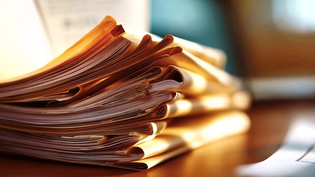 Close up macro still life of a tight stack of printed office report pages in warm retro colour tones the fine paper edges and printed text lines visible in sharp detail warm