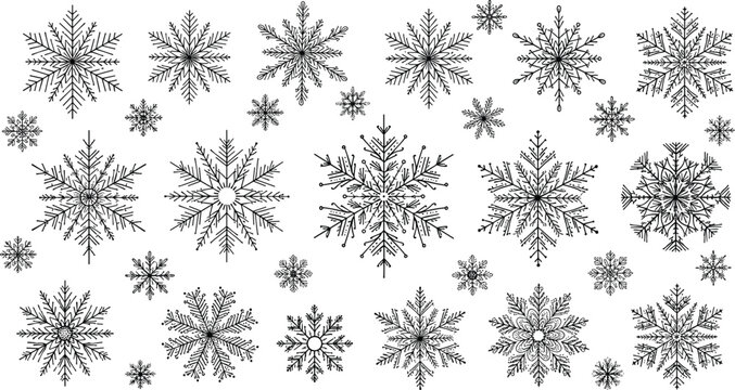 Detailed snowflake collection with unique geometric patterns, winter symbol design, seasonal decoration artwork, cold weather concept, natural symmetry, flat vector illustration