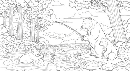 Bear family fishing near river with rocks and trees, coloring page outline drawing coloring book illustration