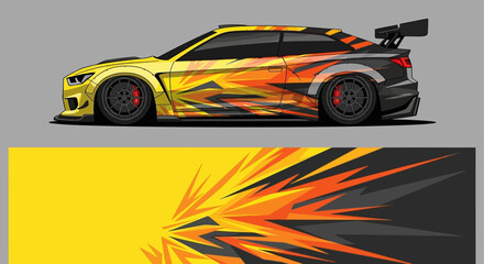 Fototapeta premium Stylized racing car with fiery graphic design and bold yellow accents.