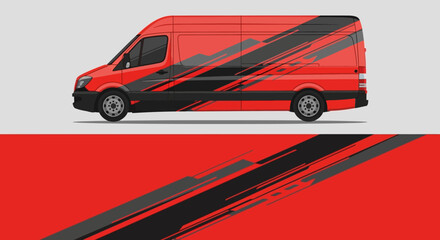 Obraz premium Red delivery van with bold black diagonal stripe graphic on white background.