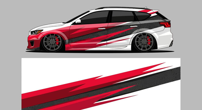 Sleek race car with bold red and black graphic decals on white surface.