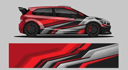 Fototapeta premium Red and black race car with bold graphic wrap and aerodynamic design.