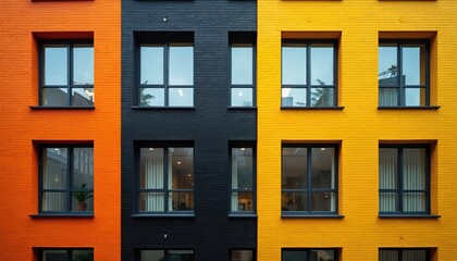 Fototapeta premium Modern building facade. Bright orange, black, and yellow brick walls with symmetrical dark framed windows. Exterior view shows clean lines and urban design elements.