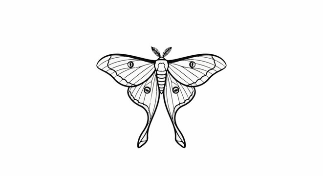 A detailed black and white line drawing of a luna moth with its wings spread