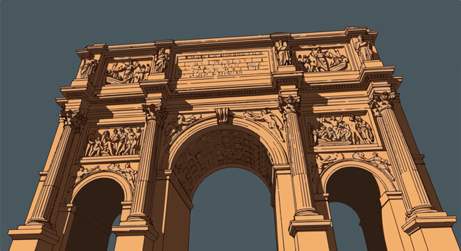 A detailed, stylized illustration of an ornate triumphal arch with carved figures