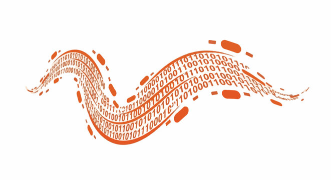 A digital wave of orange binary code flows across a white background
