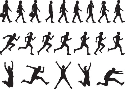 A collection of black silhouette icons depicting people running and jumping in various dynamic poses.