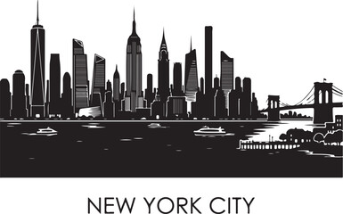 Fototapeta premium Black and white illustration of New York City skyline with skyscrapers and Brooklyn Bridge.