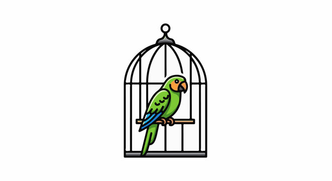 A cartoon green parrot with orange cheeks sits perched on a wooden dowel inside a black cage