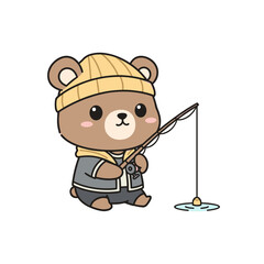 Fototapeta premium Cute cartoon bear fishing with a rod on a frozen lake 