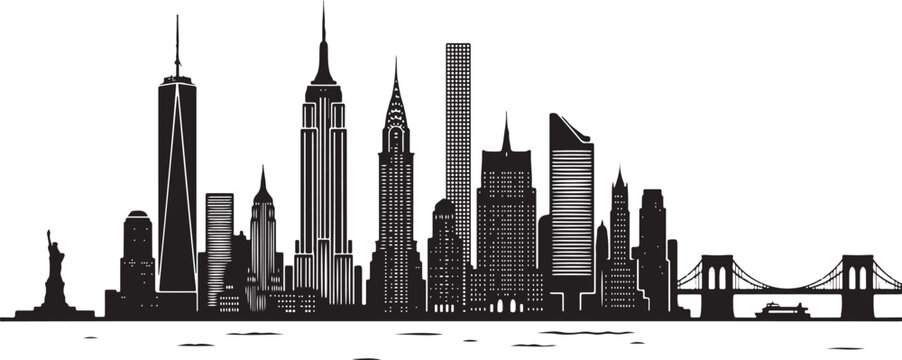 New York City skyline silhouette, iconic buildings and bridge over water reflection.