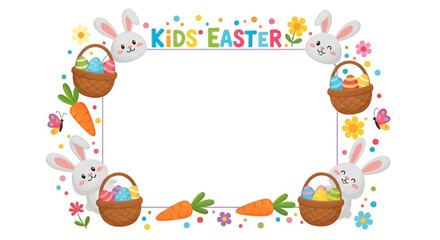 Obraz premium Colorful Easter egg hunt invitation template with cartoon bunnies, eggs, and flowers in a festive border design for kids party celebration