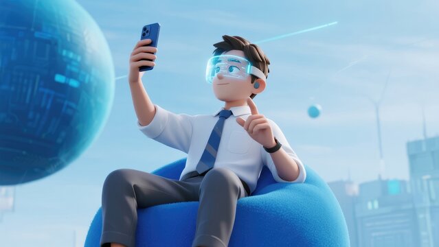 3D character using augmented reality glasses and smartphone in futuristic digital city environment representing mobile technology and virtual communication concept, idea for technology illustration