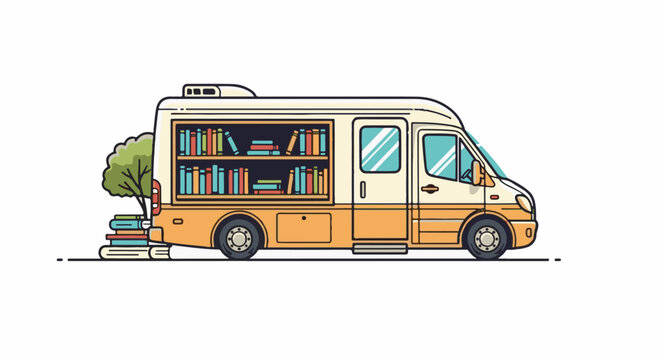 A charming mobile library van stocked with colorful books and a small tree