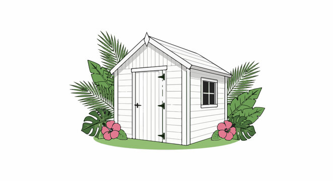 A charming white shed with double doors and a window, adorned by tropical foliage
