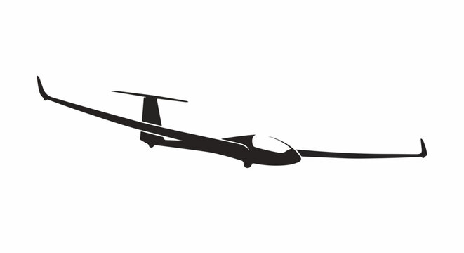 A black silhouette of a glider in flight against a white background