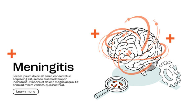 Meningitis medical infographic banner with brain illustration healthcare symbols and diagnostic elements for awareness education.