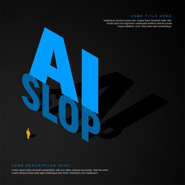 This conceptual illustration shows the words AI slop casting a large shadow on a dark background. The critique of AI slop highlights the low quality of artificial intelligence content.