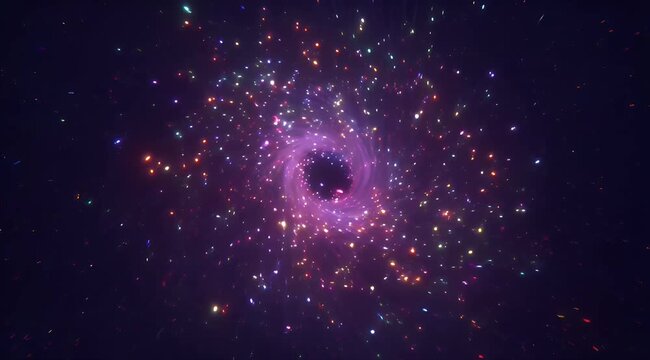 Vibrant space vortex with colorful light particles spiraling into a dark hole