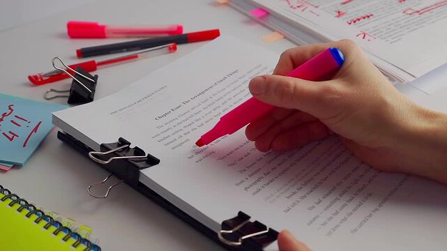 Close up of a person reviewing a printed manuscript with a pen, marking corrections and checking text for errors, representing proofreading and editing process