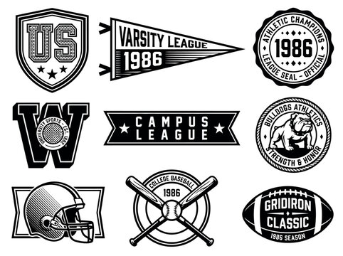 Monochrome Collegiate Athletic Badge Set for Varsity Sports Branding, Campus Team Identity, and Retro Apparel Graphic Design
