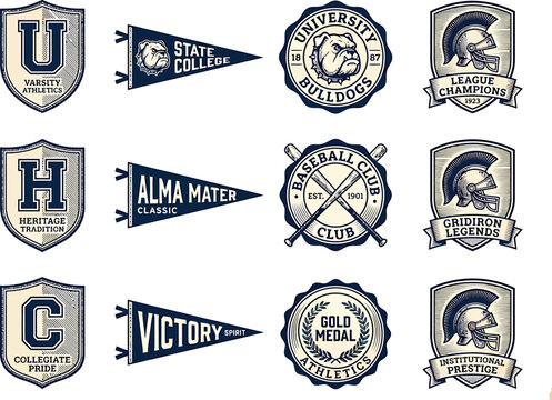 Vintage Collegiate Athletic Emblem Collection for University Sports Branding, Team Identity, and Retro Apparel Graphic Design
