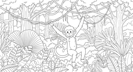 Monkey swinging through jungle vines, leaves and trees detailed, coloring page outline drawing coloring book illustration © MDRAHMET