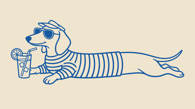 Relaxed dachshund enjoying cold drink representing summer lifestyle leisure and vacation mood concept for casual relaxation branding and fun illustration design