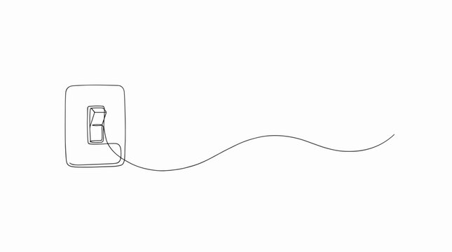 Minimalist single line drawing of a light switch in the off position with a wavy line extending to the right on a white background symbolizing ideas and energy