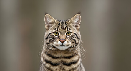 Fototapeta premium A close-up portrait of a beautiful tabby cat with striking yellow eyes and distinctive black stripes on its fur.