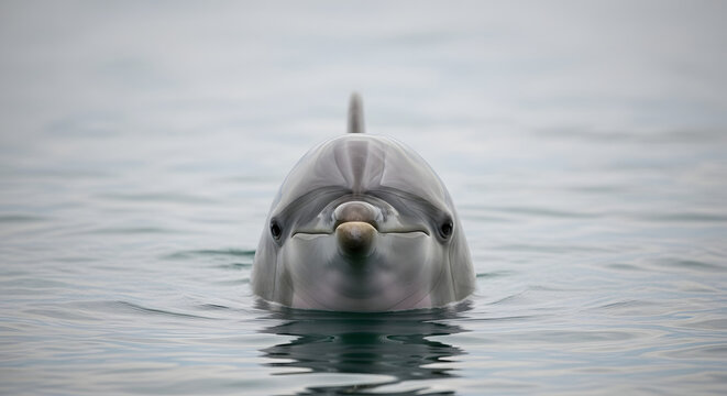 A dolphin swims in calm waters with its head above the surface looking directly at the camera