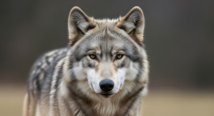 Fototapeta premium A close-up portrait of a wolf with a blurred background, showcasing its sharp features and piercing gaze.