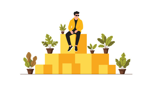 A man in a yellow jacket sits on a stepped arrangement of yellow blocks surrounded by six potted plants.