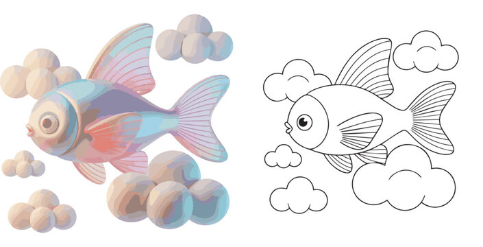 flying fish drifting in cloud vector illustration for children coloring book clipart and lineart