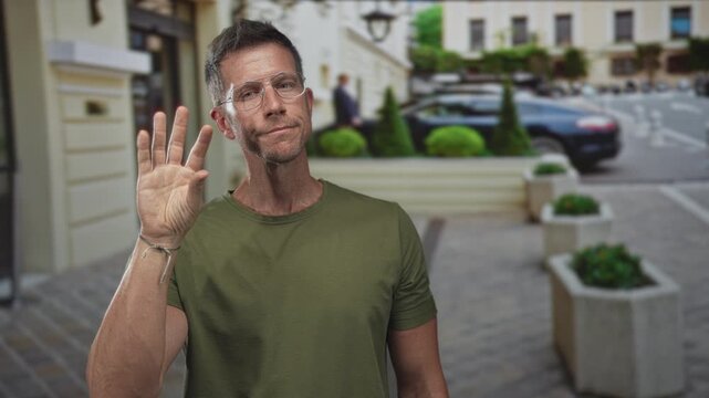 Man raising his hand in a casual wave on a cobbled street wearing olive green t shirt and clear glasses; casual greeting calm.