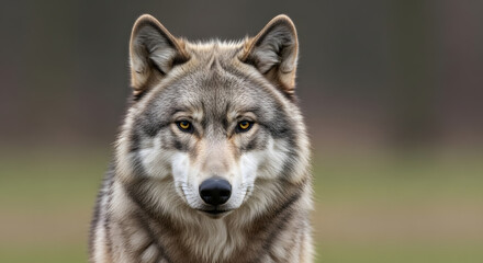 Fototapeta premium A close-up portrait of a wolf with a blurred background of green and brown hues