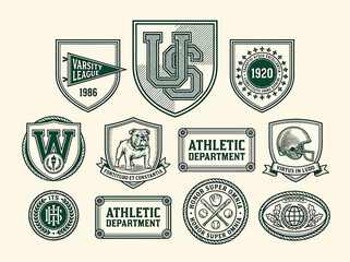 Vintage academic badge collection featuring university athletic emblems and institutional seals for branding identity sports design and heritage illustration use