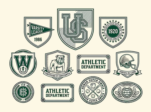 Vintage academic badge collection featuring university athletic emblems and institutional seals for branding identity sports design and heritage illustration use